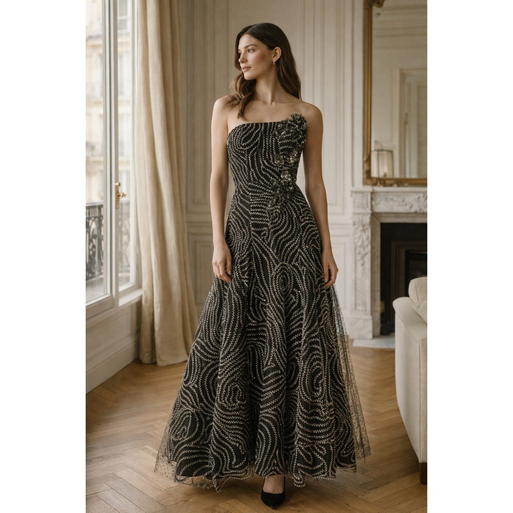 $6,290 Oscar de la Renta Silk Black Gold Metallic Swirl Gown US 8
